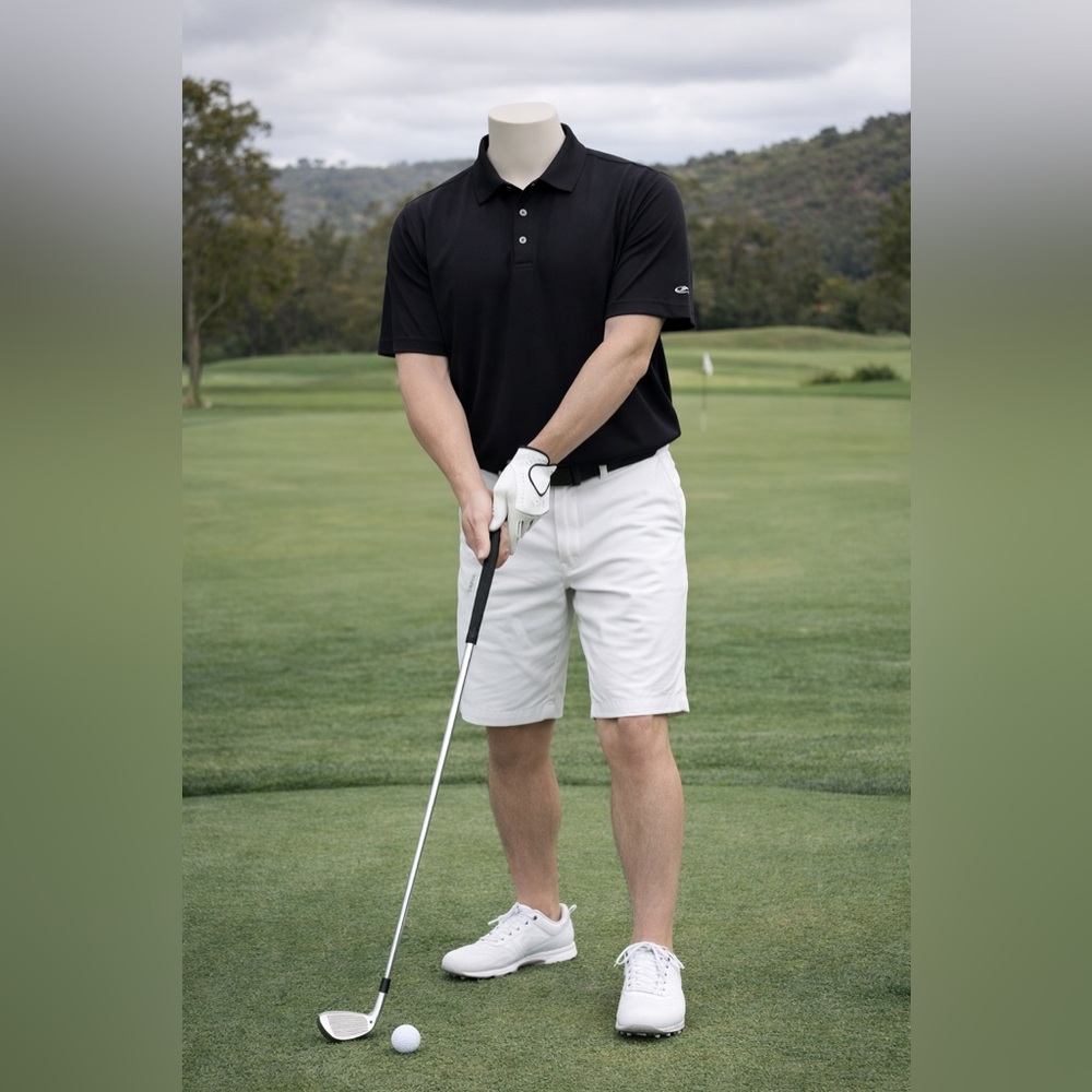 Black Polo Shirt and White Shorts Golf Outfit